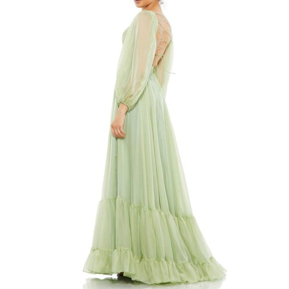 Mac Duggal Size 0 Light Green Chiffon Corset Lace Up Back Long Sleeve Maxi Dress - Picture 3 of 3